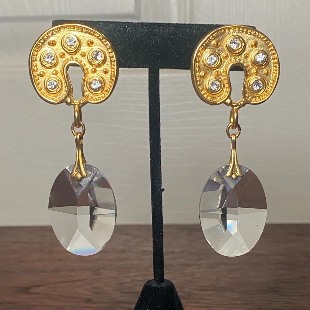 Gold Tone Drop Earrings | Faceted Clear Dangles Statement - Picture 3 of 11